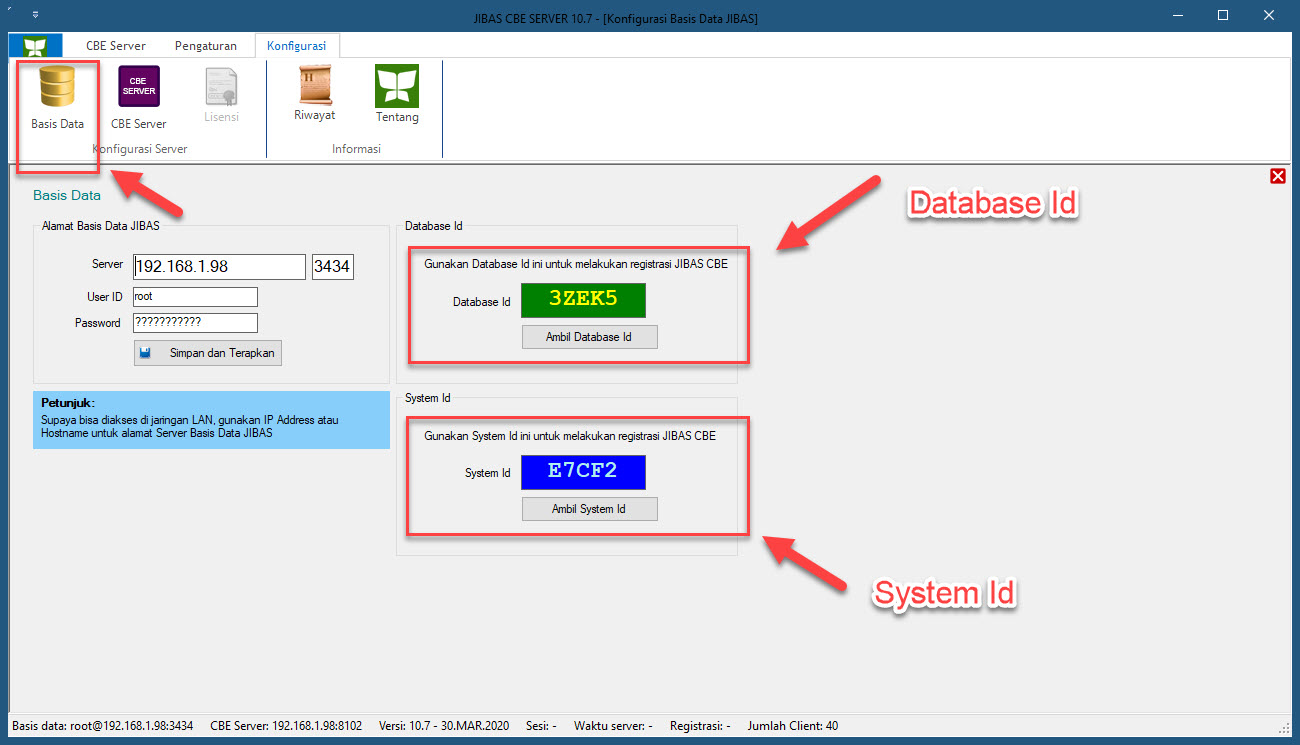 Informasi Database Id dan System Id untuk JIBAS Computer Based Exam ada di aplikasi CBE Server di menu Konfigurasi > Basis Data