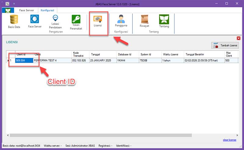 Informasi Client Id untuk Presensi Wajah ada di aplikasi JIBAS Face Server di menu Konfigurasi > Lisensi