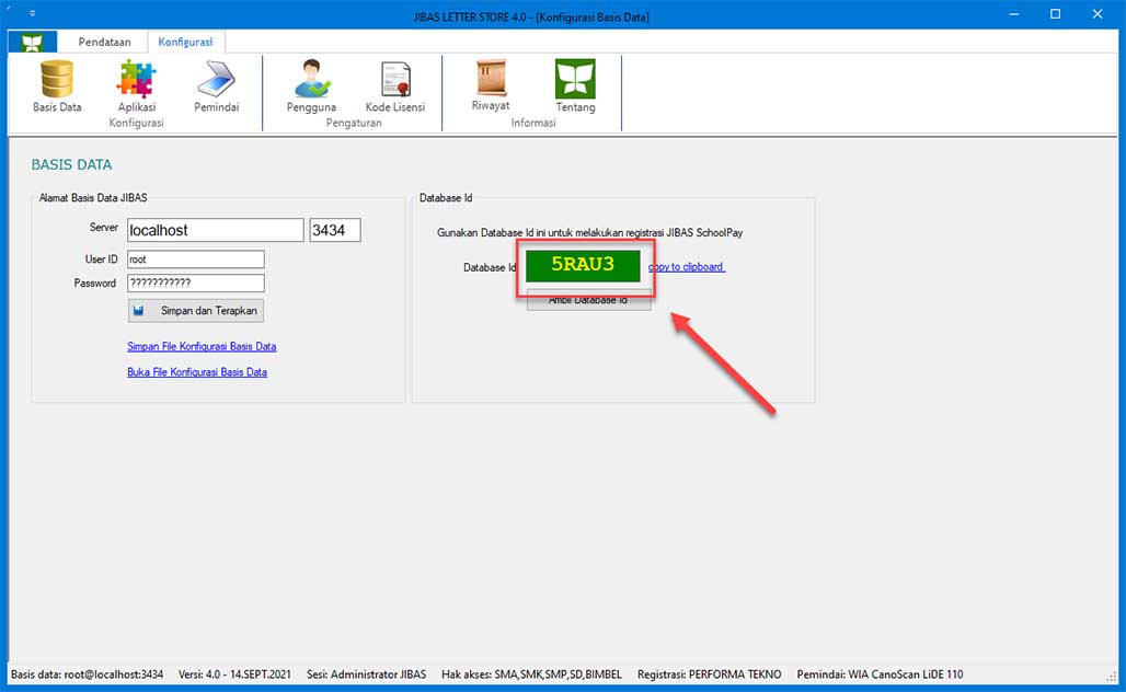 Informasi Database Id untuk JIBAS Letter Store ada di menu Konfigurasi > Basis Data
