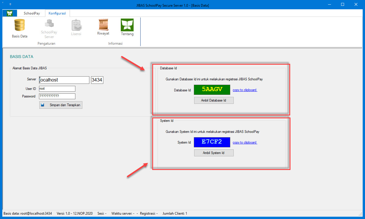 Informasi Database Id dan System Id untuk JIBAS SchoolPay